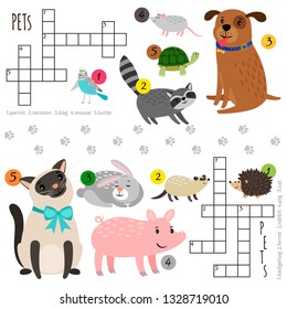 Cartoon character pets vector mini crosswords for children