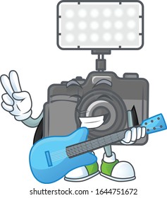A cartoon character of photo camera with lighting playing a guitar