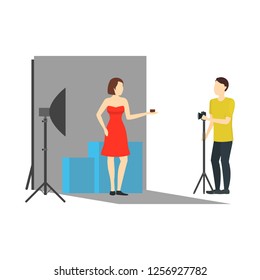 Cartoon Character Photographer Makes Photo Scene Concept Professional Equipment Element Flat Design Style. Vector illustration of Session Beautiful Girl