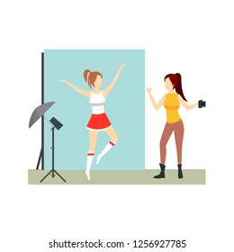 Cartoon Character Photographer Makes Photo Scene Concept Professional Equipment Element Flat Design Style. Vector illustration of Sport Session