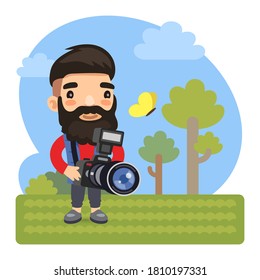 Cartoon character photographer on nature with photocamera. Composition with a professional. Flat male character.