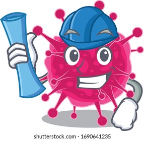 Cartoon character of picornaviridae brainy Architect with blue prints and blue helmet
