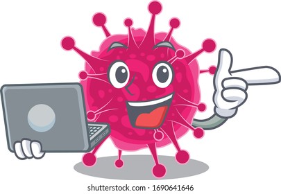 Cartoon character of picornaviridae clever student studying with a laptop