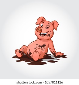 Cartoon character pig play in mud