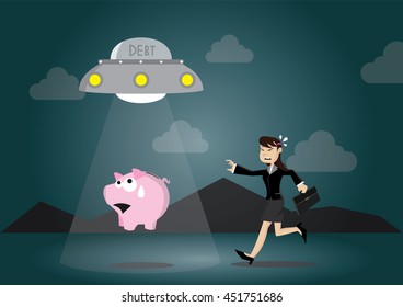 Cartoon character, Piggy bank was attracted by debt UFO., vector eps10