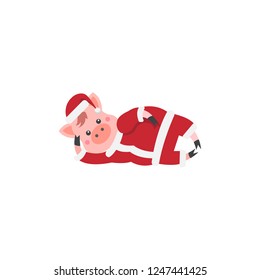 Cartoon character Piggy in Santa Claus clothes is lying.
Symbol for the Chinese new year 2019. Vector illustration for design of posters,postcard,poster,banner,invitation, web site.