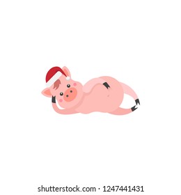 Cartoon character Piggy in Santa Claus hat is lying.
Symbol for the Chinese new year 2019. Vector illustration for design of posters,postcard,poster,banner,invitat