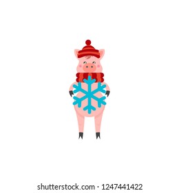 Cartoon character Piggy with snowflake.
Symbol for the Chinese new year 2019. Vector illustration for design of posters,postcard,poster,banner,invitation, web site.