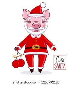 Cartoon character piglet in the role of Santa Claus in a red hat with a beard and mustache, which holds in his hands Christmas balls. Christmas and New Year illustration isolated on a white background