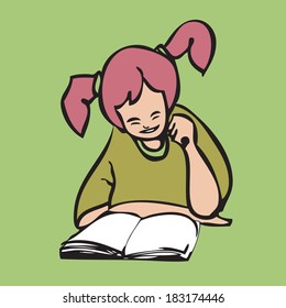 Cartoon character pigtail girl reading book