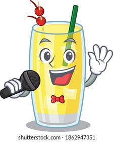 cartoon character of pina colada cocktail sing a song with a microphone