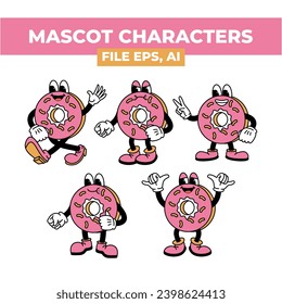 Cartoon character of a pink donut with various expressions suitable for social media graphics, websites, and product packaging to add a fun and playful touch.