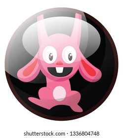 Cartoon character of a pink rabbit hanging vector illustration in black circle on white background.