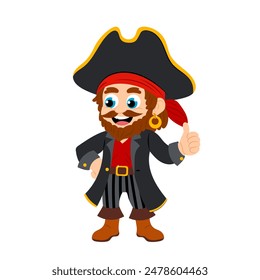 Cartoon character of a pirate on a white background. Cute pirate in flat style. Kids pirate character.	