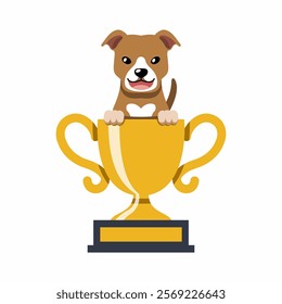 Cartoon character pit bull terrier dog with gold trophy cup award for design.