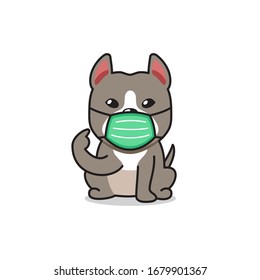 Cartoon Character Pitbull Terrier Dog Wearing Protective Face Mask For Design.