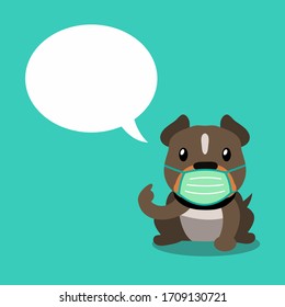 Cartoon character pitbull terrier dog wearing protective face mask with speech bubble for design.