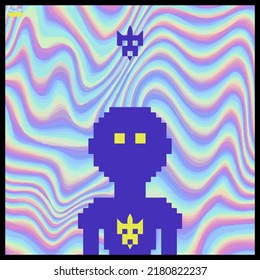 Zeichentrickfigur in Pixel-Vektorgrafik auf buntem Hintergrund