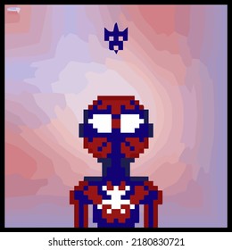 Zeichentrickfigur in Pixel-Vektorgrafik auf buntem Hintergrund