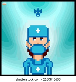 cartoon character in pixel vector art using a color filled background