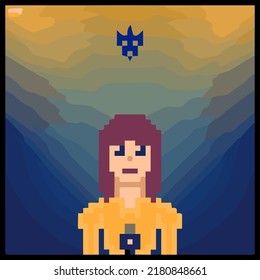 cartoon character in pixel vector art using a color filled background