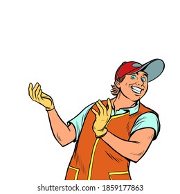 Cartoon character pizza delivery guy. Cartoon people vector illustration. Express food delivery service. Delivery man. Pop art retro vector illustration 50s 60s kitsch vintage style