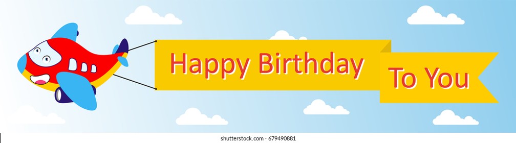 cartoon character plane bring flag with happy birthday lettering
