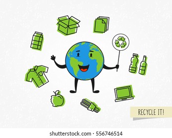 Cartoon character planet earth with recyclable things vector illustration. Ecological concept with recycle sign.
