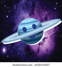 A cartoon character of the planet Saturn in the vast space between the stars and planets, with its distinctive, brightly colored rings
شخصية كرتونية لكوكب زحل في الفضاء الشاسع بين النجوم و الكواكب 