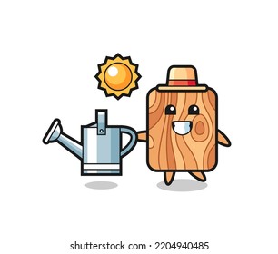 Cartoon character of plank wood holding watering can , cute design