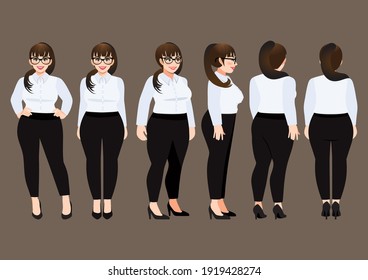Cartoon character with plus size business woman in white shirt for animation. Front, side, back, 3-4 view character. Flat vector illustration