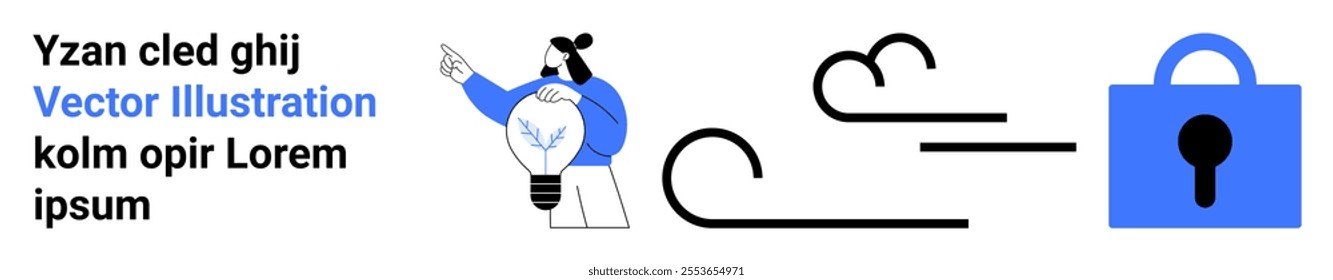 Cartoon character pointing to cloud and lock symbol. Ideal for online security, data protection, cloud storage, cybersecurity, privacy concerns. Landing page