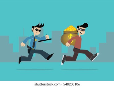 Cartoon character, Police man running chasing arrested thief, vector eps10