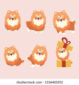 Cartoon character pomeranian dog poses on pastel background.
