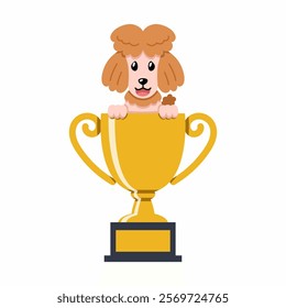 Cartoon character poodle dog with gold trophy cup award for design.