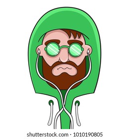 cartoon character portrait of a bearded man in sunglasses and headphones vector illustration