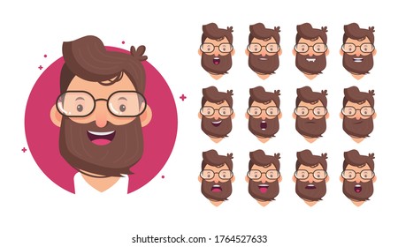 Caricatura. Retrato de un hombre de negocios con anteojos. Diferentes emociones bucales para la animación del habla. Estilo plano. Ilustración vectorial.