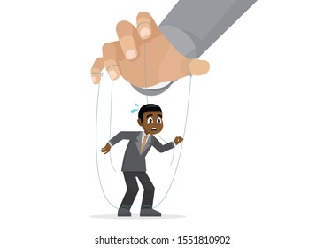 Cartoon character Poses, African Businessman marionette being controlled with rope by puppeteer.,vector eps10