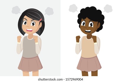 Cartoon character Poses, Angry girl standing., with a disgruntled look on her face.,vector eps10