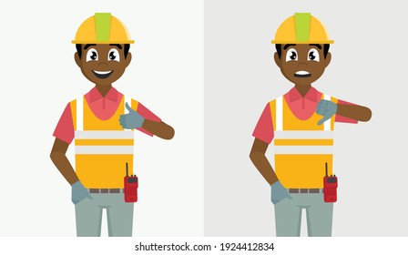 Cartoon character Poses, architect man showing thumb up and thumb down. Likes and dislikes feedback concept.