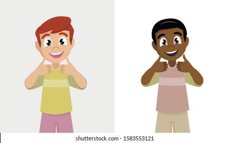 Cartoon character Poses, Boy happy smiling making thumbs up sign with both hands.,vector eps10