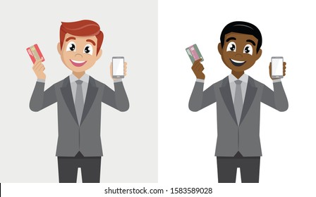 Cartoon character Poses, business man showing smart phone and a credit, debit, Mobile banking and digital payment concept.,vector eps10