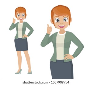 Cartoon character Poses, Businesswoman showing thumbs up sign.,vector eps10