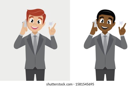 Cartoon character Poses, Happy confident businessman speaking on smartphone and gesturing hand to New idea.,vector eps10