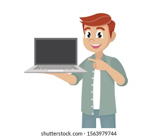 Cartoon character Poses, Happy man holding or showing the blank screen of a laptop computer and pointing hand finger.,vector eps10