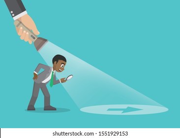 Cartoon character Poses, illustration of a businessman being guided by a hand holding a flashlight uncovering arrow sign. Business concept.,vector eps10