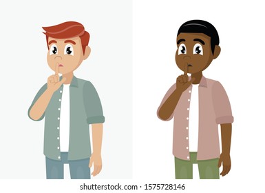 Cartoon character Poses, Man closed his mouth by hand. Man asking silence. Silence please.,vector eps10