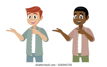 Cartoon character Poses, Man pointing away hands together and showing or presenting something while standing and smiling.,vector eps10