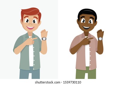Cartoon character Poses, Man pointing or showing time on his wrist watch. Male character design illustration.,vector eps10