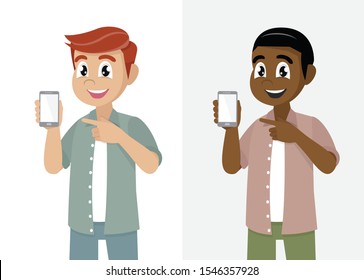 Cartoon character Poses, Set man has a smartphone. He is showing the screen here.,vector eps10